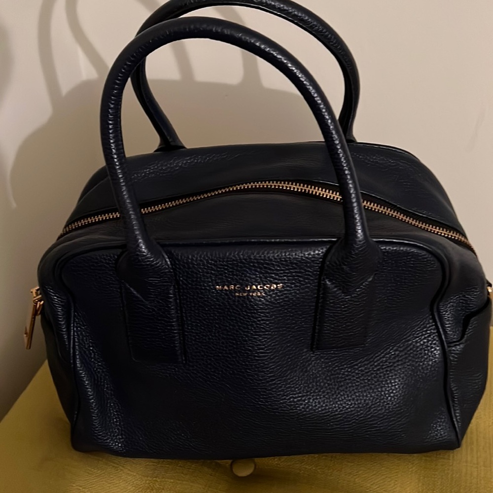 Marc jacobs mini leather satchel with gold detail in a deep eggplant.